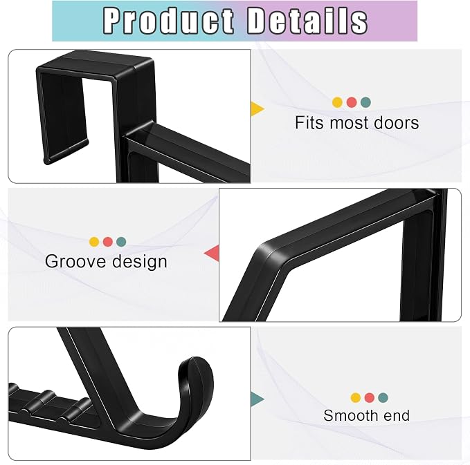 Maitys Space Saving Plastic Over Door Hooks Door Hanger Hooks Multi Hanging Storage Organizers Door Hangers Door Towel Hooks for Coats, Towels, Bags, Hats, Scarves Home Accessories (Black,4 Pieces)