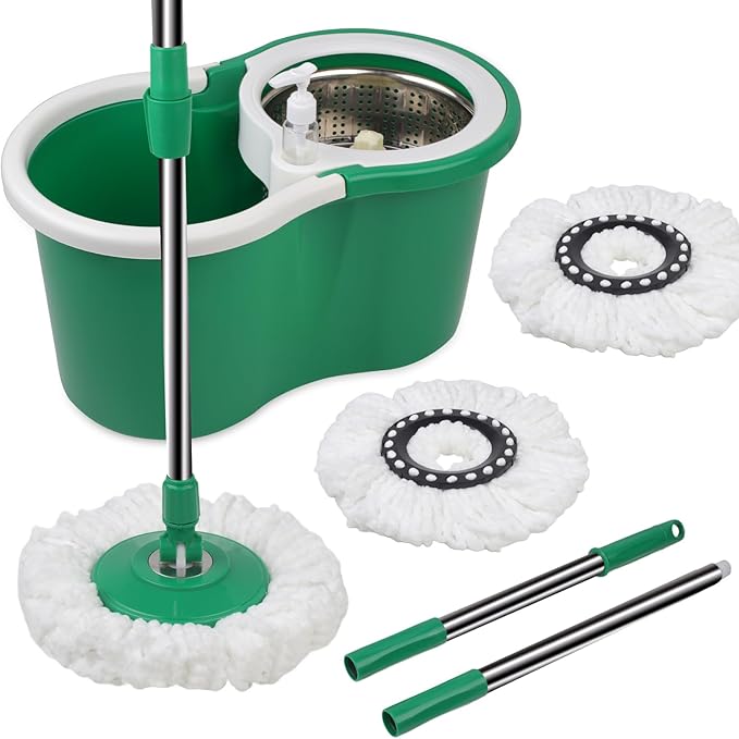 Spin Mop and Bucket, Mop and Bucket with Wringer Set 360° Spinning Mop with 3 Microfiber Mop Refills 61" Adjustable Handle for Floor Cleaning