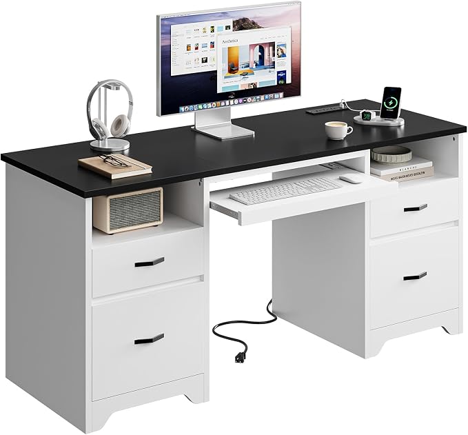 Bestier 59” Computer Desk with 4 Drawers, Charging Station, White | Office Desk with Storage, Modern Executive Desk with Keyboard Tray & Wooden Pedestals on Both Sides for Home Office & Studio