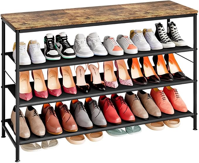 INGIORDAR 4 Tier Long Metal Shoe Rack Storage Organizer for Closet Entryway | Spacious design Shoe Shelf stores 24 Pairs of Shoes for Closet Entryway Bedroom Living Room Garage Black+Rustic Brown