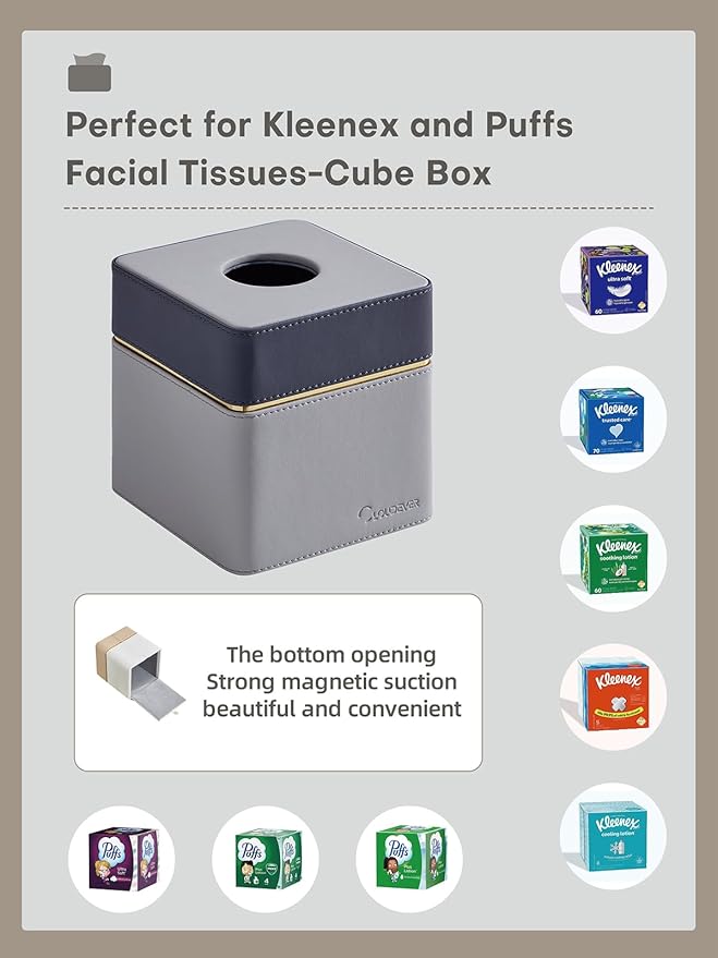 Tissue Box Holder Cover Square, Modern PU Leather Decorative Tissue Cube Holder Organizer - Moon Grey
