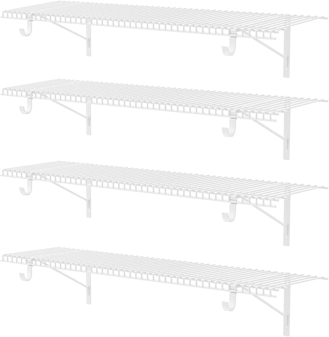 4-Pack Wire Closet Shelving with Triangular Brackets, 150 lb Capacity | Reinforced Triangular Brackets, Built-in Rod Holders, 150 lb Capacity, Soft Rubber Coating, Wall Mounted, 4ft x 12in, 4-Pack