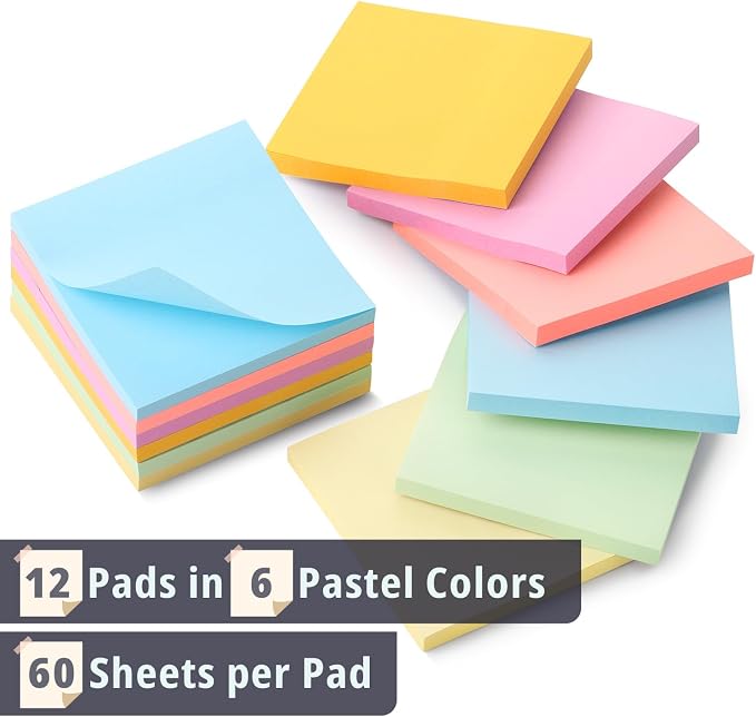 Mr. Pen- Sticky Notes, 3"x3", 12 Pads, 720 Sheets, Pastel Colors | Sticky Notes Bulk, Self-Stick Note Pads, Perfect for Office, School, Home, Study & Organization