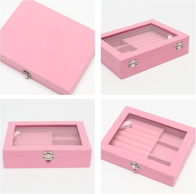 Small Velvet Jewelry Tray with Clear Lid, Lockable Ring Earring Holder Organizer Storage Box Case Jewelry Box Organizer for Rings Earrings Bracelets Brooches, 2-in-1 Pink