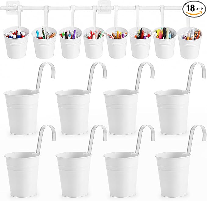8 PCS White Metal Pencil Holder with Pipes Back to School Hanging Iron Small Pails Stationery Crayon Organizer First Day of School White Buckets Classroom Pencil Holder for Students Crafts Party Favor