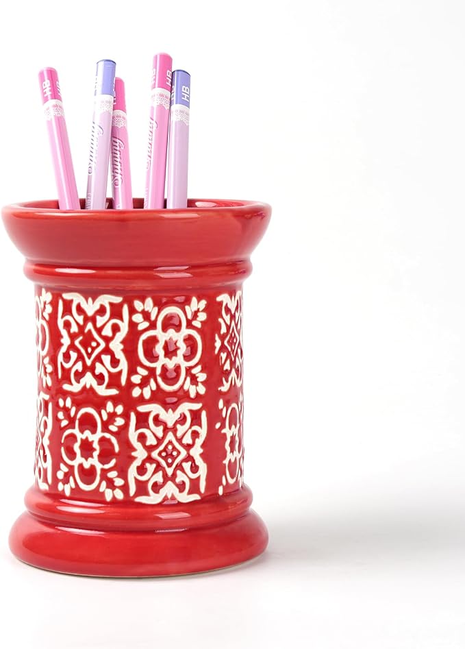Printed Pencil Holder, Cute Pen Holder for Desk, Ceramic Carved Cylinder Pencil Holder, Office Decoration Container Islamic Style(Red)