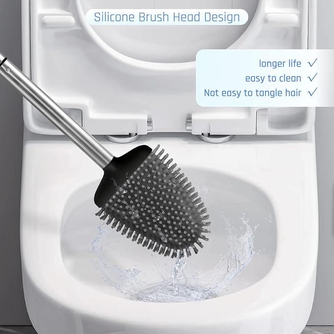 Sellemer Silicone Toilet Brush, Ventilation Slots Base Holder 3 Pack, Black | Flexible Bristles Flat Head for Rim, Hair Tangle-Free, Easy to Clean, Compact Design, Rustproof Handle, for Toilet/Sink/Tub