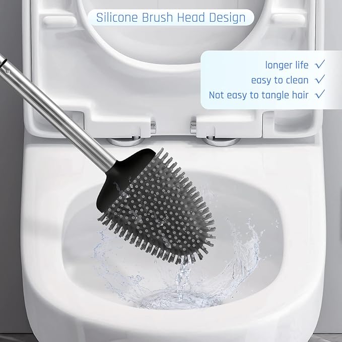Sellemer Silicone Toilet Brush, Ventilation Slots Base Holder 2 Pack, Black | Flexible Bristles Flat Head for Rim, Hair Tangle-Free, Easy to Clean, Compact Design, Rustproof Handle, for Toilet/Sink/Tub