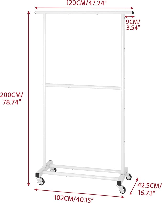 Sywhitta Double Rod Clothing Garment Rack, Rolling Clothes Organizer on Wheels for Hanging Clothes, Easy to Assemble, Adjustable, White