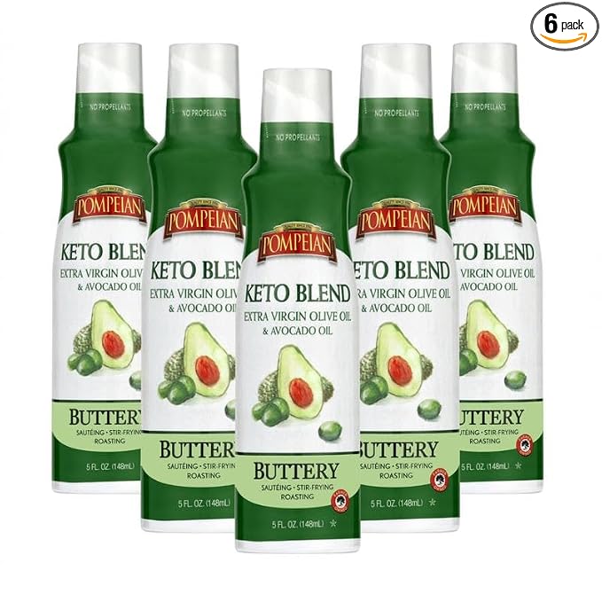 Pompeian Keto Blend Cooking Spray with Extra Virgin Olive Oil and Avocado Oil - (6 Pack) 5 Fl Oz - No Propellants - Mild, Buttery Flavor for Sautéing, Stir-Frying, and Roasting
