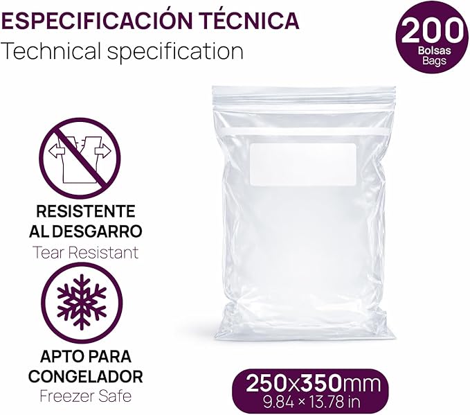 Ofituria Transparent Zip Bags 250 x 350 mm with Airtight Seal, Zip Bags for Food, Snacks, Freezing as well as Kitchen and Travel Organisation - Ofituria (200 Bags)