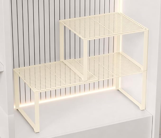 Extendable Metal Wire Shelf Organizer - Adjustable 15-24.4in Length, Stackable Storage Rack for Kitchen/Pantry/Bathroom/Shoe Cabinet/Tool Closet (2, Cream)
