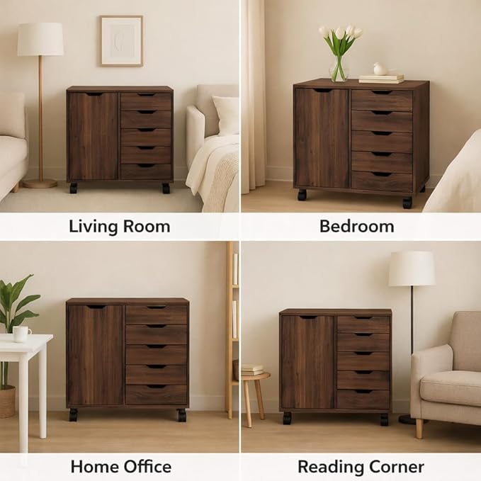 Naomi Home Wooden 5 Drawer Dresser with Cabinet Shelves and Wheels, Drawer Dresser for Bedroom Closet and Dressing Room Storage in Brown Oak