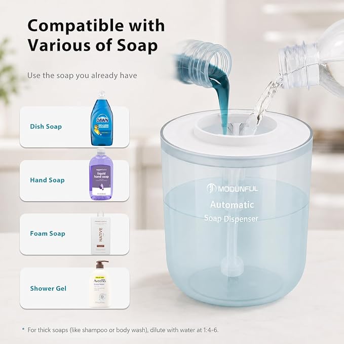 Automatic Foaming Hand Soap Dispenser - 13.5oz modunful M2 DA1502 White | Wall Mount Countertop, Type-C Rechargeable, Transport Boby, Touchless, Delicate Foam