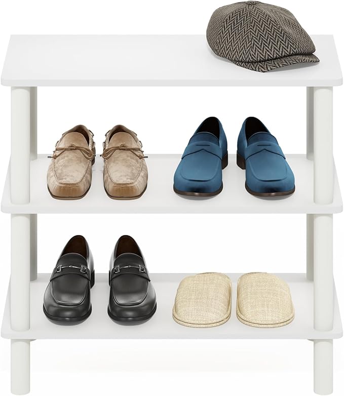 Furinno TURN-N-TUBE 3-Tier Toolless Narrow Shoe Rack, White | 11.7 x 23.6 x 21.9, Small Shoes Organizer, Shoe Rack Storage with Freestanding Organizer, for Closet Entryway, Office, Garage