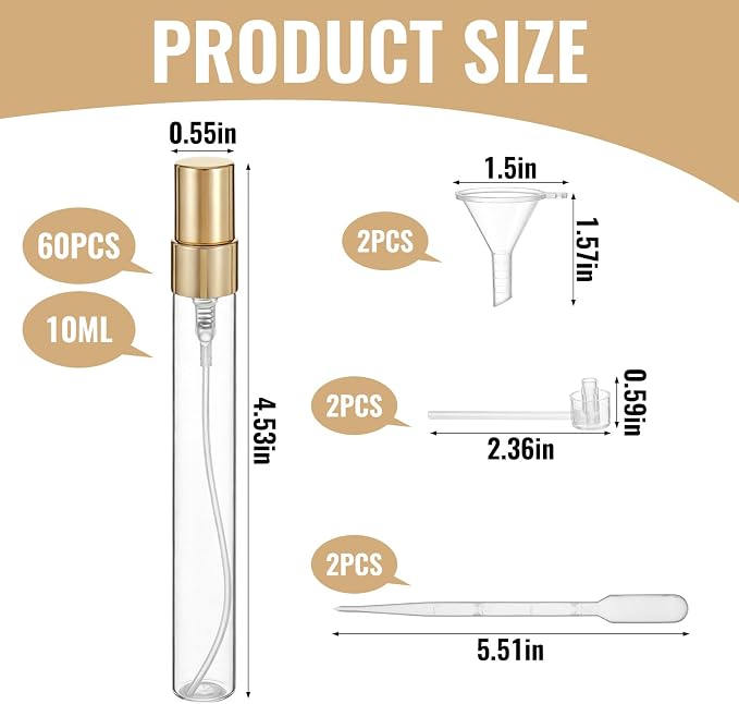 60 Pack Mini Glass Spray Bottles 10ml, Clear Empty Perfume Atomizer with Funnel & Dropper, Fine Mist Refillable Travel Spray Bottle, Small Sample Containers for Essential Oils, Hair & Toner