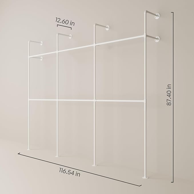 pamo Industrial Clothing Rack Wall Mounted White – 117" W × 87" H, 880 lbs | Heavy Duty Pipe Closet System in White Powder Coated Steel, Scratch-Resistant, Double Rod, Easy Assembly, Closet Organizer