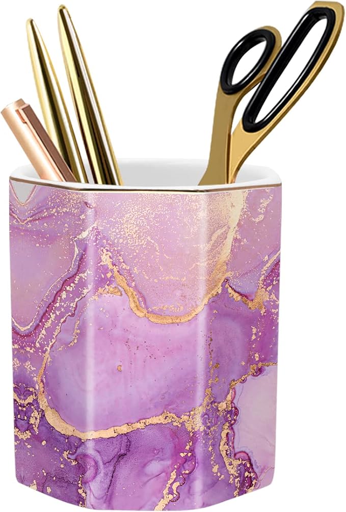 Large Capacity Colored Ceramic Marble Pencil Storage Marker Pen Holder Cute Stationery Holder For Office, Girl Women Adult, Purple Marble
