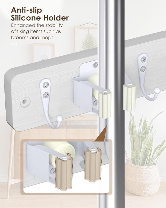 AceMining White Broom Holder Wall Mount, 4 Holders 4 Hooks Mop Holder | Mop Holder Wall Mount and Broom Hanger for Garage, Laundry Room, Kitchen and Utility Storage