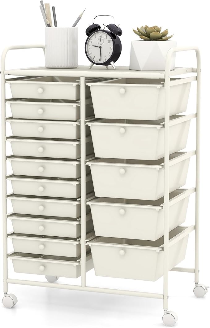 DREAMADE Rolling Cart with 15 Drawers, Rolling Drawer Organizer Cart w/Lockable Wheels, Removable & 2-Sized Storage Drawers, Art Cart for School Home Art Supplies Crafts File Scrapbook