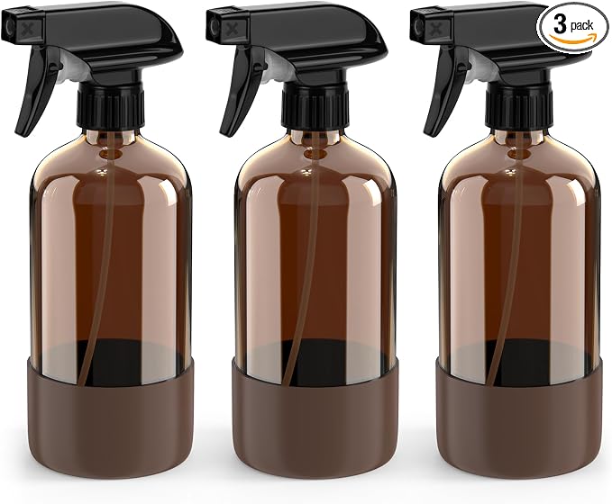 Bontip Amber Glass Spray Bottle with Silicone Sleeve Protection, 16 oz Refillable Spray Bottles for Cleaning Solutions, Plants, Aromatherapy, Facial Hydration (3, Brown, 16 oz)