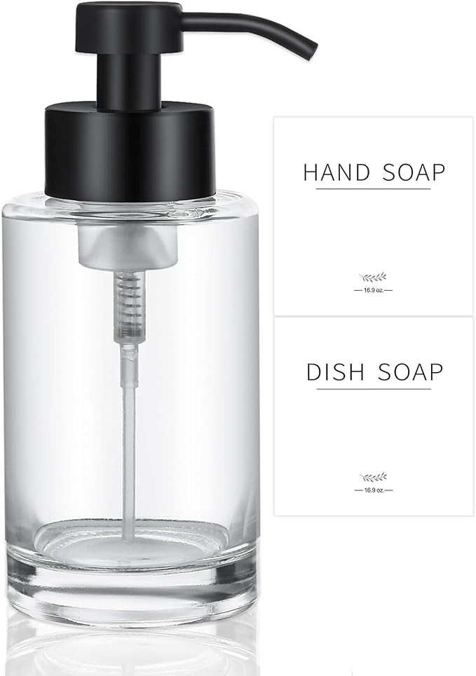 Glass Foaming Soap Dispenser Set with 304 Stainless Steel Pump 12oz Clear | Rust Proof Black Pump, Sturdy, Empty Foam Bottle with Waterproof Labels for Bathroom Decor Kitchen Colleage Dorm