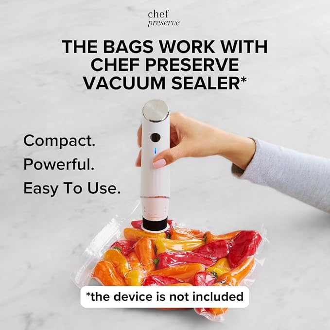 Chef Preserve Reusable Vacuum Sealer Bags for Food – 100 BPA-Free Food Storage Bags, Freezer, Microwave – Odor-Resistant, Leak-Proof – Compatible with Chef Preserve Vacuum Sealers