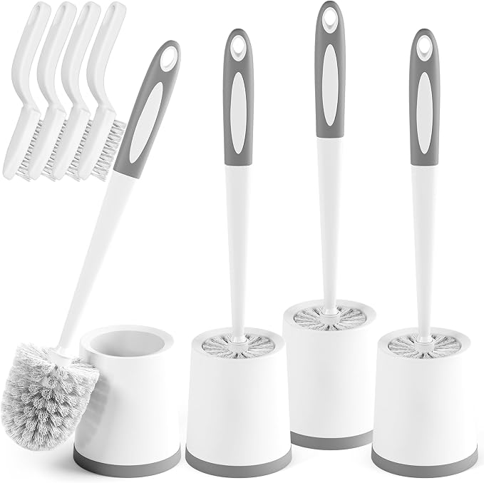 Holaloha Toilet Brush, 4 Pack Toilet Brush and Holder Set, Toilet Bowl Brush with 4 Grout Brush, Toilet Bowl Brush and Holder for Bathroom, (White)