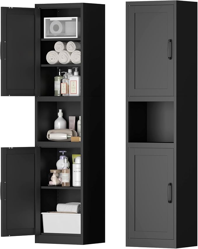 Bathroom Storage Cabinet, 67" H Tall Bathroom Storage with Shelves and Doors, Narrow Bathroom Storage Cabinet for Home, Metal Slim Storage Cabinet, Black