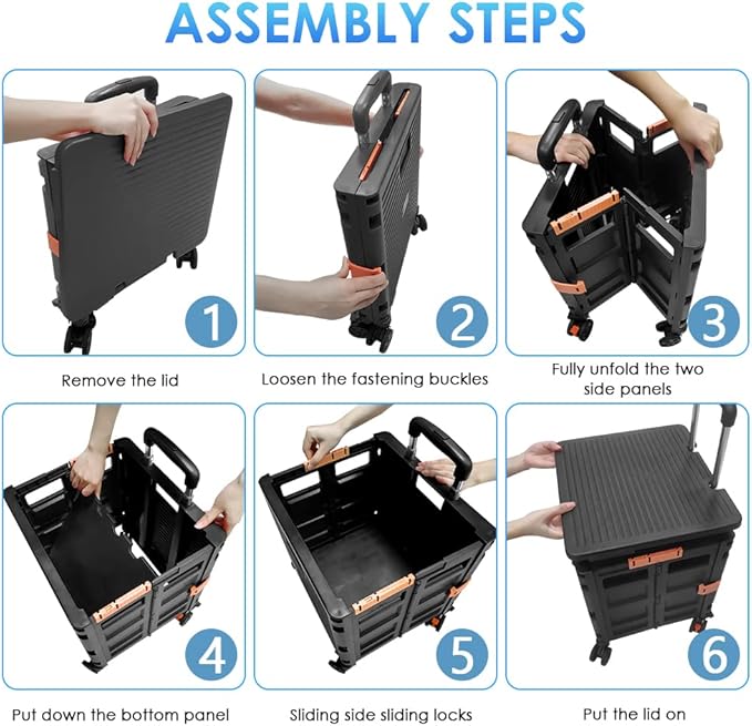 SELORSS Foldable Utility Cart Portable Collapsible Crate Rolling Carts with Wheels Rolling Tote Basket Teacher Cart with Lid Wear-Resistant 360°Rotate Wheel Noiseless for Shopping Storage Office Use