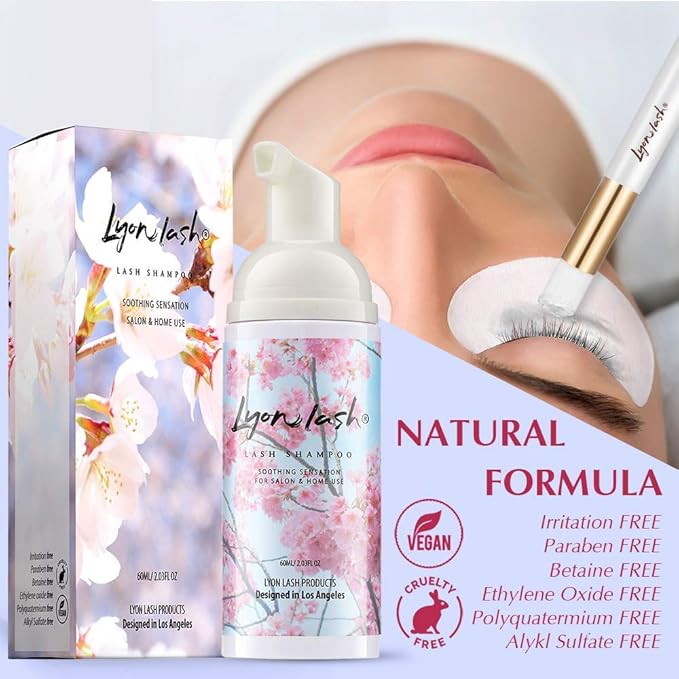 Eyelash Extension Shampoo - Lyon Lash Eyelid Foam Cleanser/Gentle Formula for Sensitive people/Paraben & Sulfate Free/Remove Eye Makeup & Oil & Dust/For Salon and Home Use (60ml without brushes)
