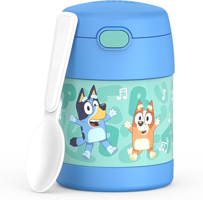 THERMOS FUNTAINER Insulated Food Jar, 10 Ounce, Kid Friendly Food Jar with Foldable Spoon, Bluey