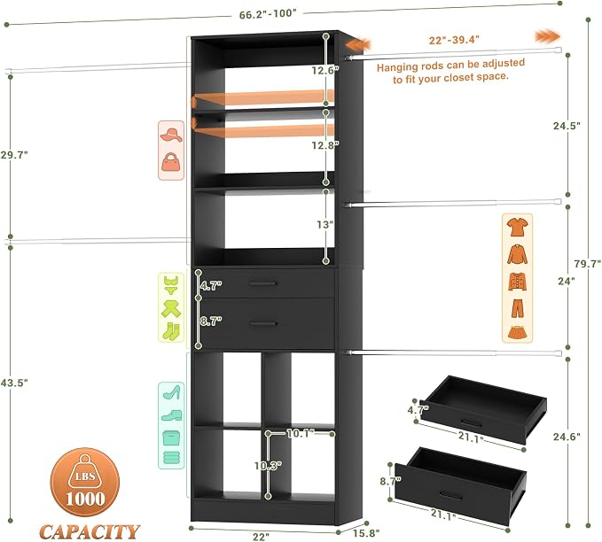 Besiost Closet System, 4-8 FT Closet Organizer Systems with 2 Wooden Drawers and 5 Hanging Rods, Can Fit 60 to 96 inch Walk-in Closet System, Black