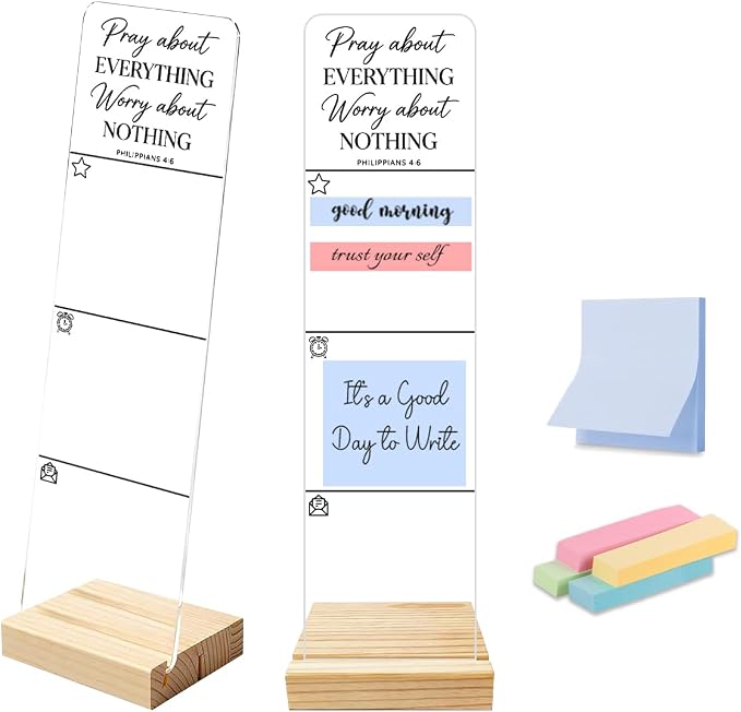 Sticky Note Holder, Monitor Memo Board, Sticky Note Board for Desk, Acrylic Desk Buddy with Wooden Base, Includes 200 Notes, Religious “Pray About Everything Worry About Nothing Philippians 4:6”
