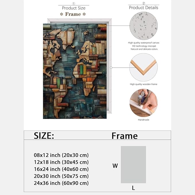 World Map Book Adventure Vintage Library Art Aesthetic Poster Canvas Wall Art Decoration Living Room Home Decor Bedroom Decoration Poster Framed12x18inch