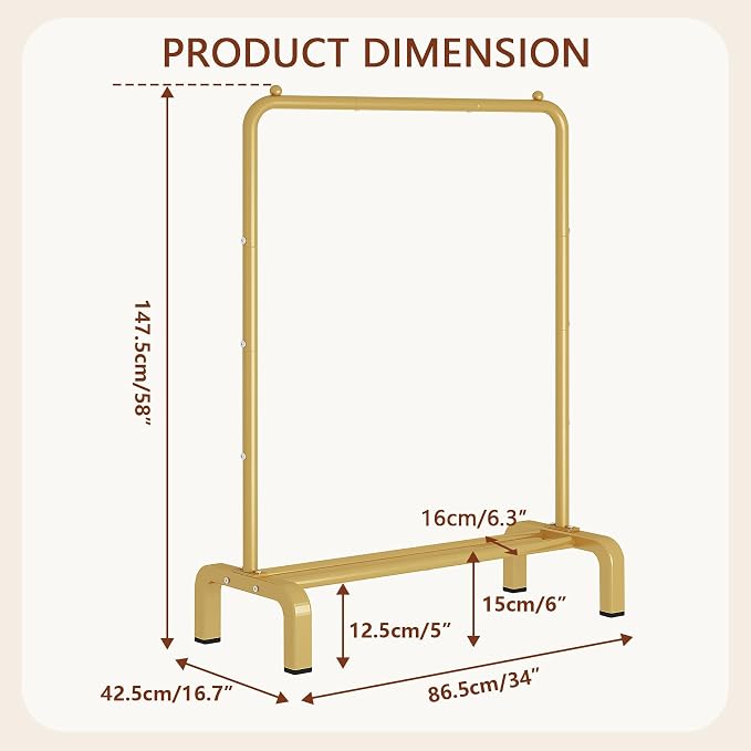 JIUYOTREE Standard Clothes Clothing Garment Rack with Storage Shelves Clothes Organizer for Hanging Clothes Coat Jacket Shirt Sweater Jeans Gold