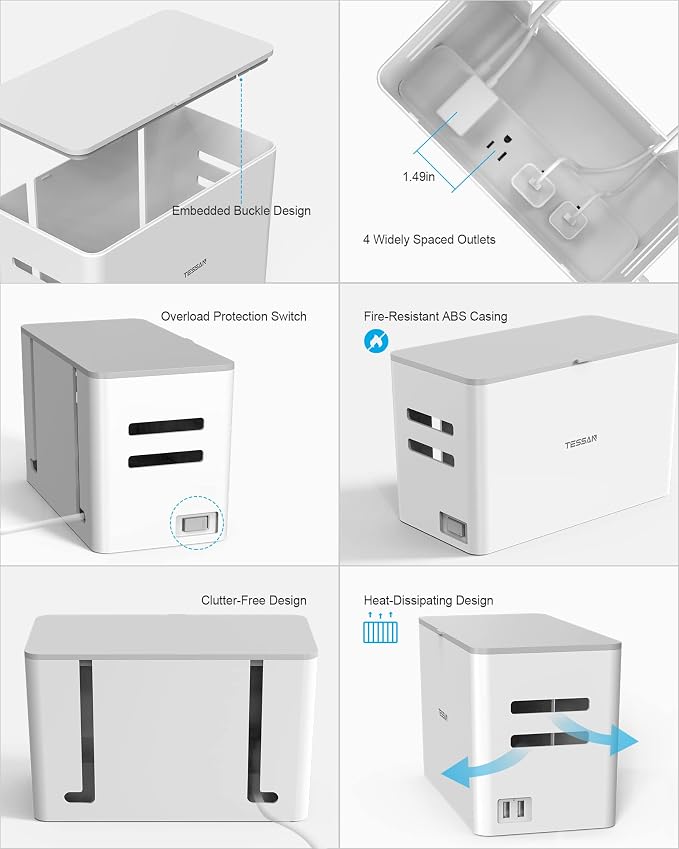 TESSAN Power Strip with Cable Management Box, 5 ft Flat Plug Extension Cord | 4 Outlets 2 USB Ports with Overload Switch, Mountable White Power Cord Organizer Charging Station for Dorm, Office, Home