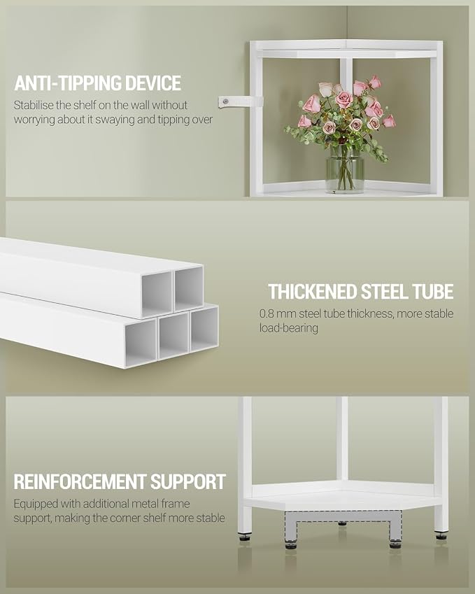 Hzuaneri Corner Shelf Stand, Corner Bookshelf, Storage Standing Shelf Unit with Metal Frame, Plant Stand, Bookcase for Living Room, Home Office, Bedroom, 4-Tier White CS05813W