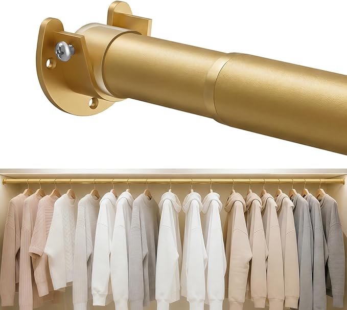 Heavy Duty Closet Rod, 17-54 IN Closet Rods for Hanging Clothes, Gold | Stepless Adjustable, Supports up to 66 lbs, Multiple Size Options, Easy Installation, Multi Purpose , Wall-Mounted