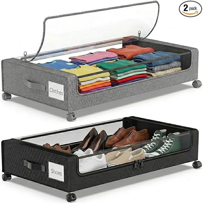 Under Bed Storage with Wheels, 2Pack 50L Organizer with Clear Lid & Label | Underbed Shoe Storage Organizer, Rolling Under Bed Metal Drawers for Clothes&Blankets, Large Capacity, Dust-proof, Foldable