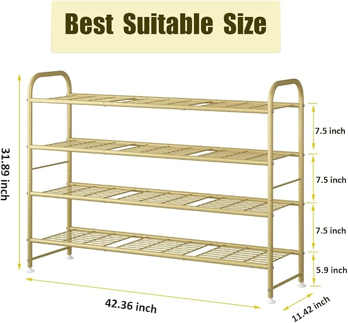 LINZINAR 4 Tier Long Shoe Rack for Closet Metal Shoe Organizer for Entryway | Spacious design stores 25+ pairs of shoes,durable metal frame,space-saving organizer for closet, hallway, and Entryway Gold