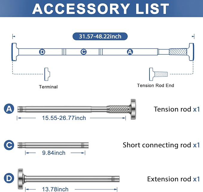 Shower Curtain Rod 32-48Inch Silver Shower Rod Tension Rod Adjustable Curtain Rods no Drilling Curtain Rods for Bathroom,Windows,Closets,Doorway