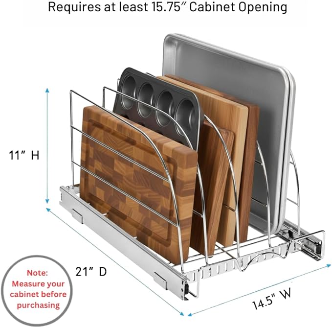 HOLDN’ STORAGE Pull Out Organizer for Bakeware, Cutting Board and Trays, Adjustable Dividers - Heavy Duty, Lifetime Limited Warranty - For Narrow Cabinet Spaces, 14.5”W x 21”D x 11”H, Chrome