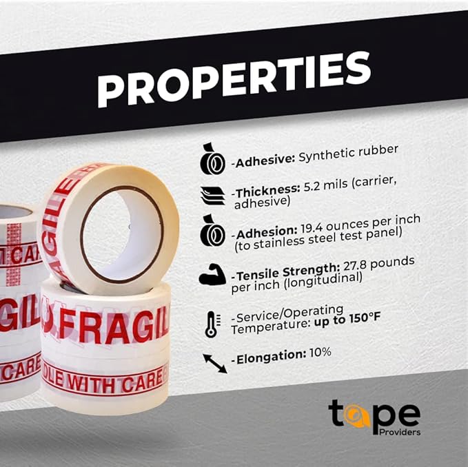 WOD CST2FW Fragile Tape Handle with Care Packing Tape 2 in. x 110 yds. Heavy Duty Carton Sealing Tape Red Lettering for Fragile Cargo and Box Office Moving Shipping, 6 Pack