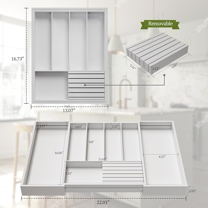 Bamboo Kitchen Silverware Drawer Organizer - Expandable Wood Utensil Holder with Dividers, Luxury Cutlery Storage Tray for Kitchen Utensil and Flatware (5-7 Slots with Removable Knife Block, (White)