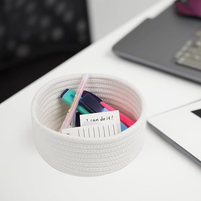 Small Basket, Set of 3 Small Woven Baskets, Cotton Rope Baskets for Organizing, Cute Mini Tiny Baskets for Nursery, Decorative Boho Round Storage Basket Bathroom Organization Bin