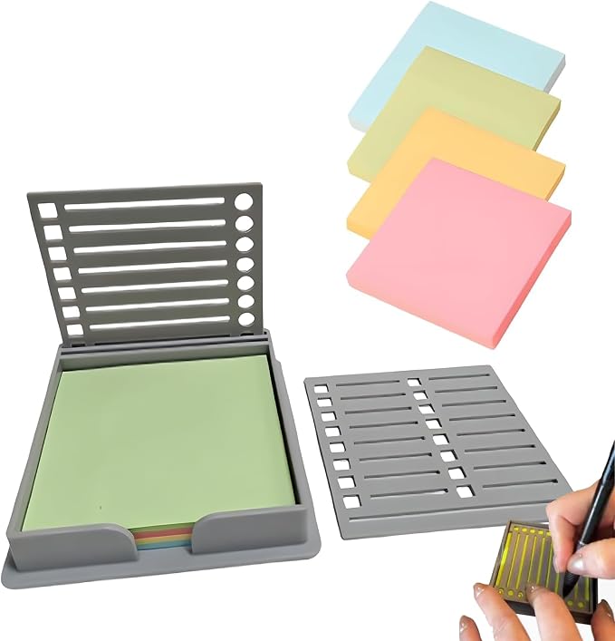Sticky Note Stencil, Sticky Note Holder with Stencil 3x3 Sticky Note Line Stencil and Holder, Perfect for to-Do Lists, Home, Office, Sticky Notes Dispenser, Reusable Note Organizer (Grey)