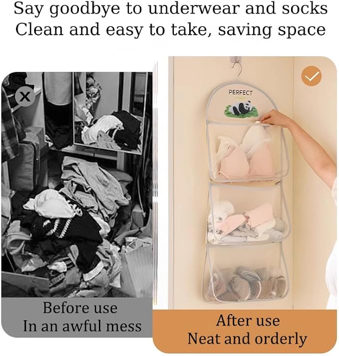 MIUPOO Multi Purpose Multi Layer Mesh Storage Hanging Bag,Hanging Storage with Metal Hanger Mesh Pockets for Bra Underwear Socks,Pockets Hang Store Bag for Door Wall Closet,4Pieces.