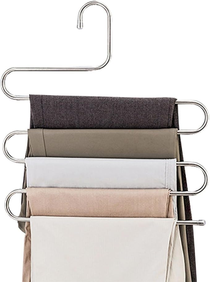 devesanter Pants Hangers Non-Slip S-Shape 4 Pack Trousers Hangers Stainless Steel Clothes Hangers Closet Storage Organizer for Pants Jeans Scarf (4 Pack with 10 Clips)