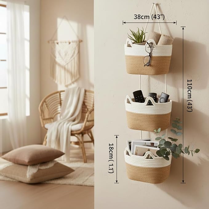 Hanging Basket, Woven 3 Tier Over Door Basket with 4 Hooks | Hanging Storage Basket for Door, Wall, Nursery, Bathroom, Bedroom, Decorative Over Door Basket with Cute Cat-Like Style